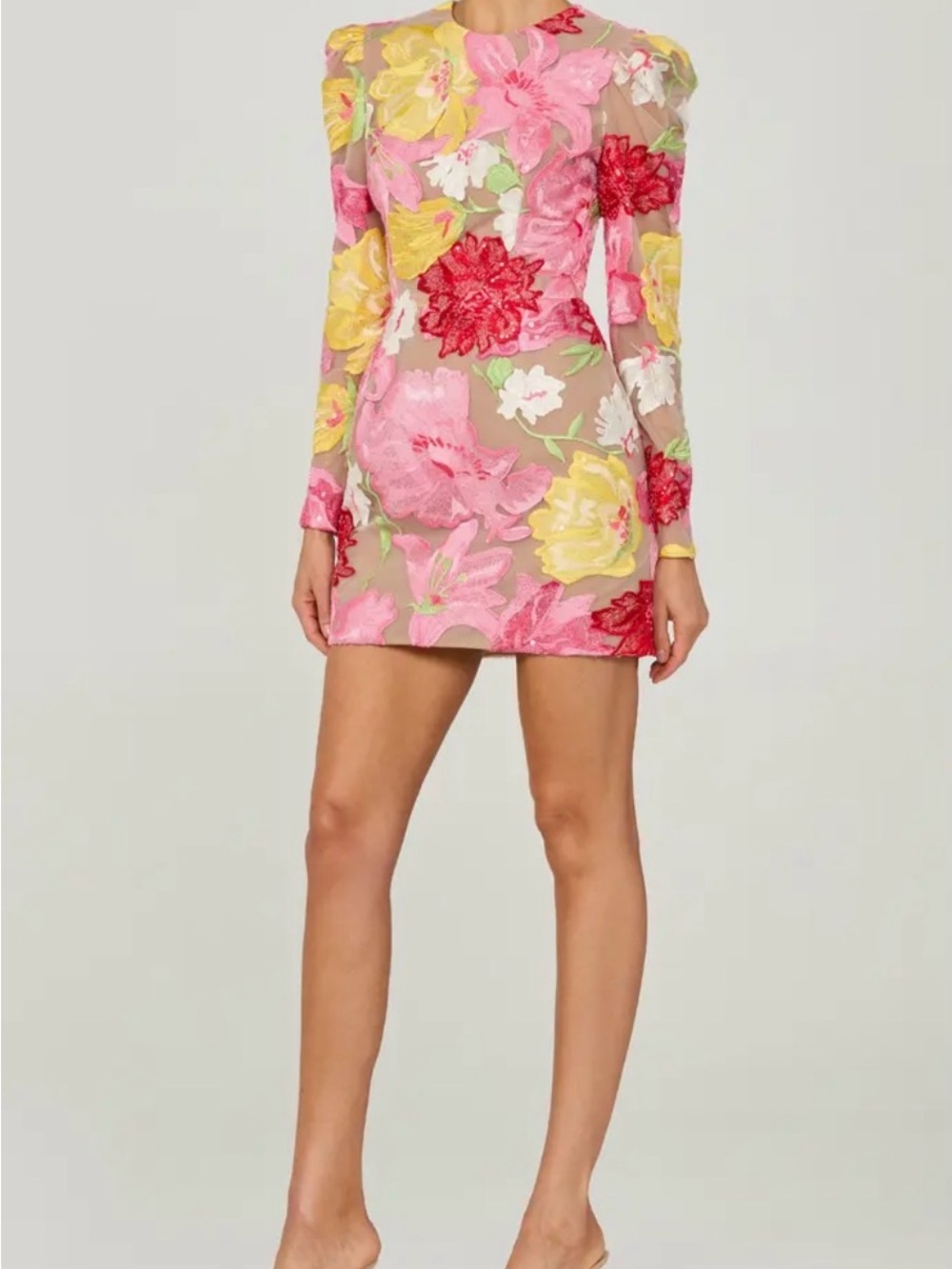 Floral Appliqué Long-Sleeve Mini Dress in Pink & Yellow